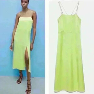 ZARA lime green satin Spaghetti straps cross at back  long dress size XS